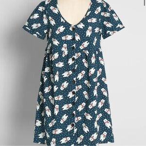 New ModCloth Pleased With Ease Babydoll Dress Navy Blue Polar Bears